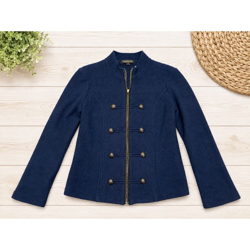 August Silk Womens S 100% Wool Navy Military Jacket Gold Buttons Zip Front